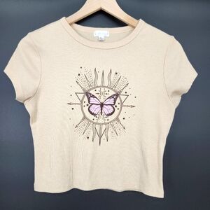 Orange Kiss Womens Cropped Top Size XL Tan Purple Butterfly Celestial Y2K Retro